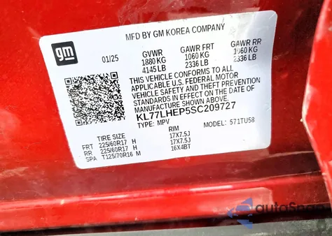 2025 Chevrolet Trax 1Lt z USA, uszkodzony, nr VIN KL77LHEP5SC209727